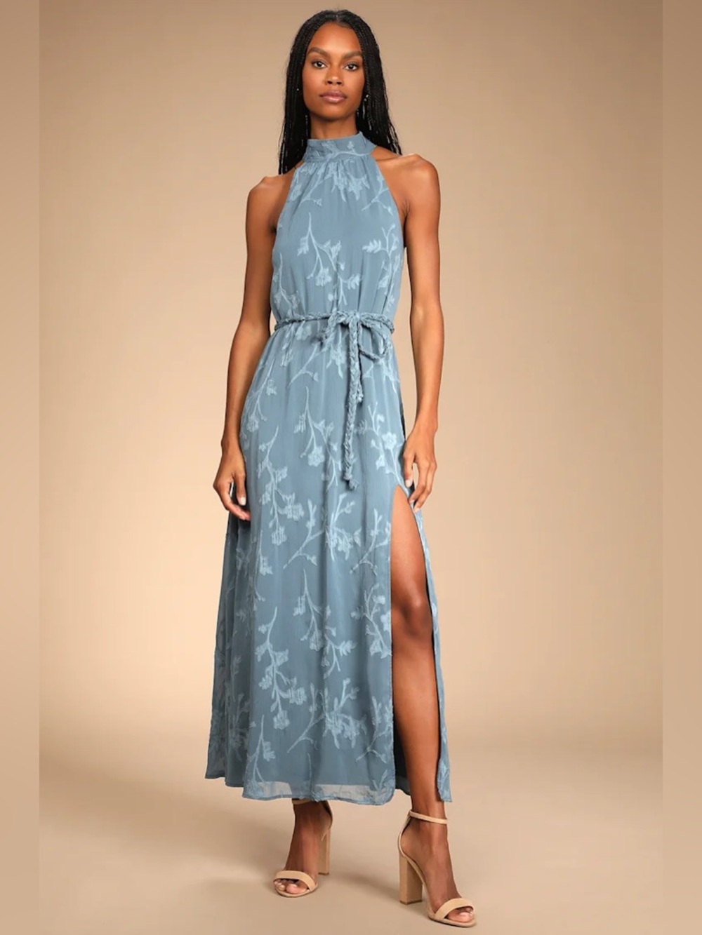 Lulus Breath of Spring Slate Blue Jacquard Halter Maxi Dress